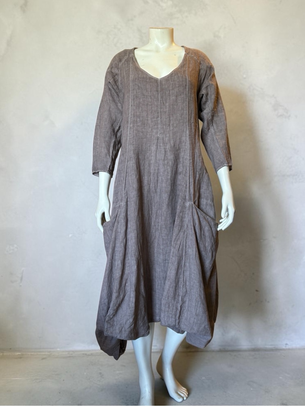 ELEMENTE CLEMENTE 100% Linen Midi Dress with Pockets Taupe Brown Sz 2 Lagonlook